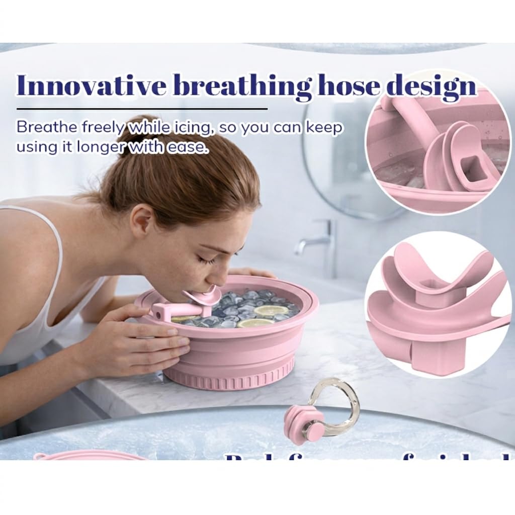 Face Ice Bath Bowl with Ice Tray & Breathable Hose, Foldable Silicone Pink