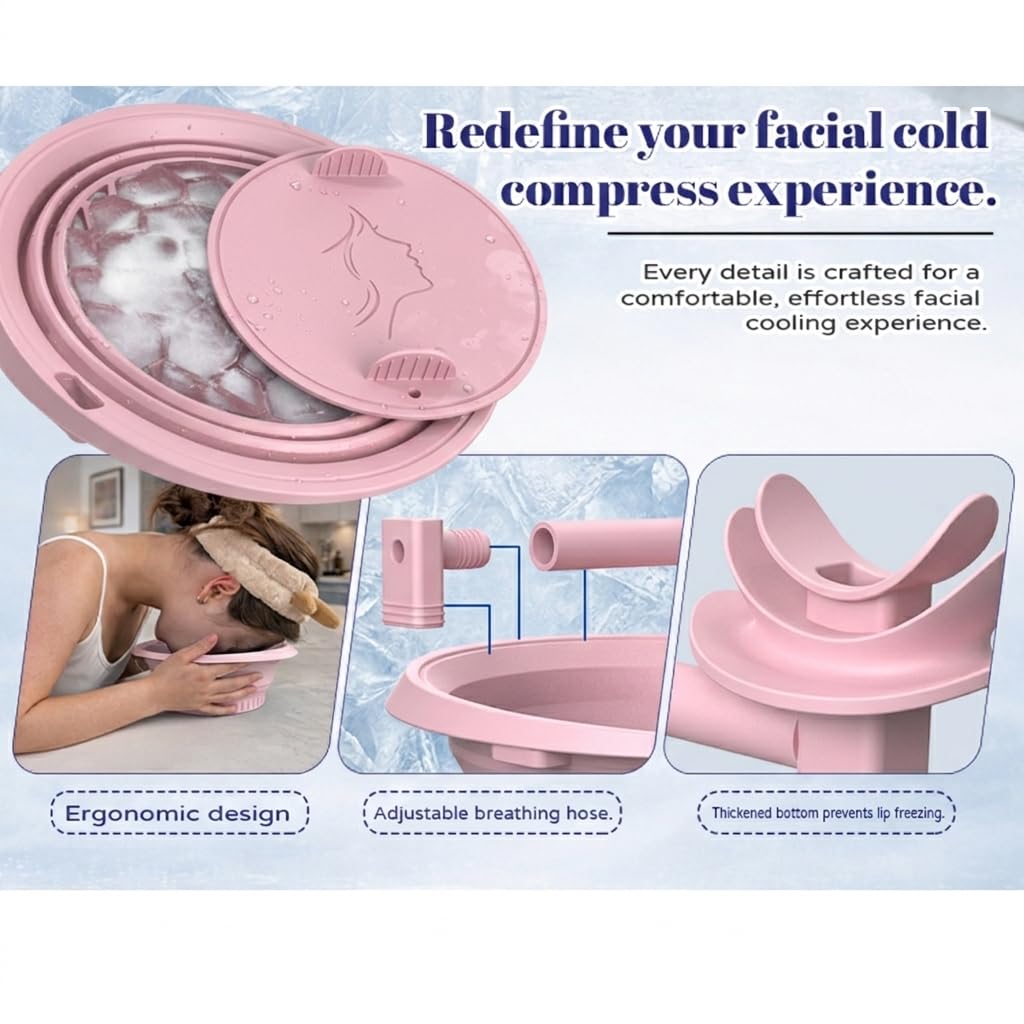 Face Ice Bath Bowl with Ice Tray & Breathable Hose, Foldable Silicone Pink