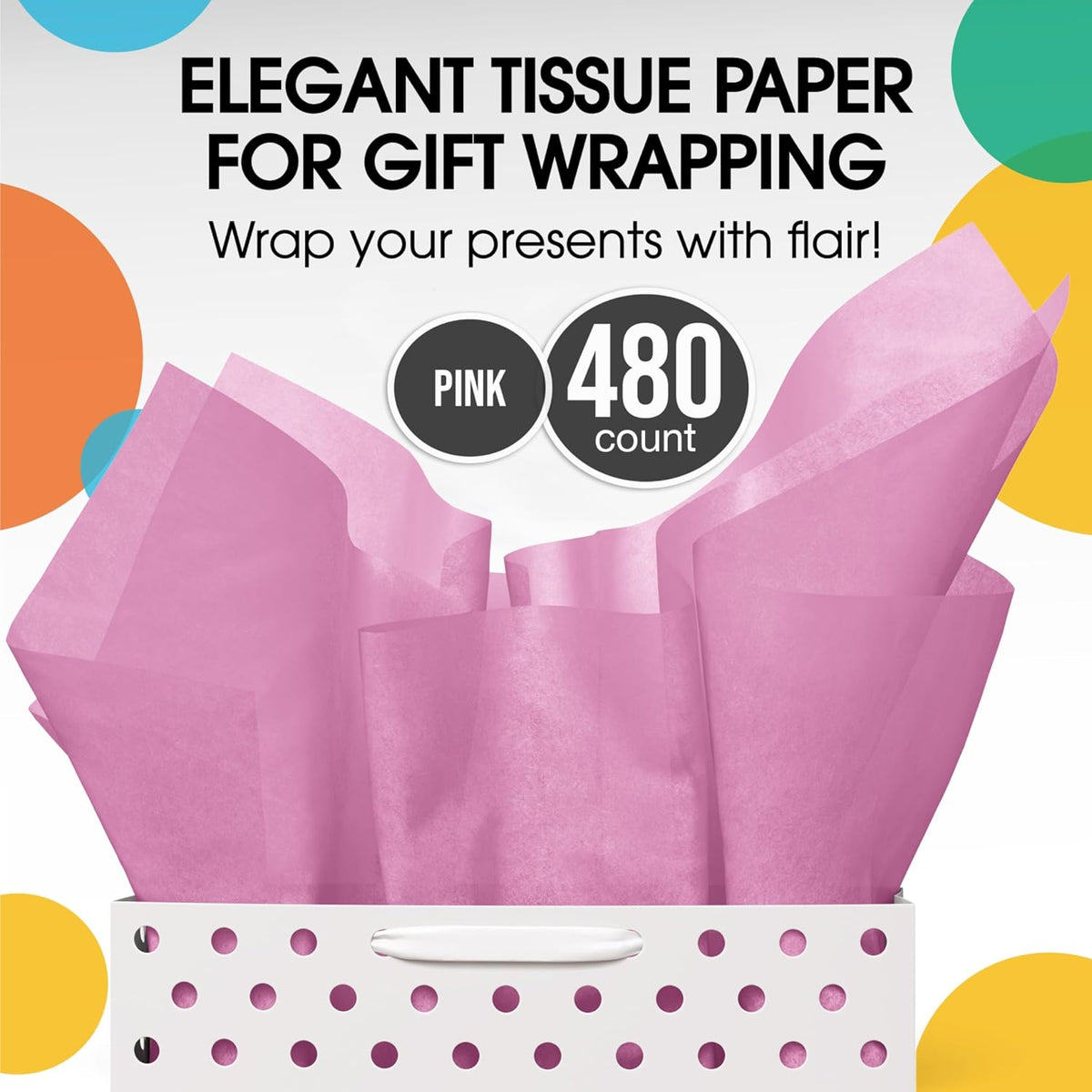 Party Solids Pink Tissue Paper for Gift Bags 15" X 20" 480 Sheets
