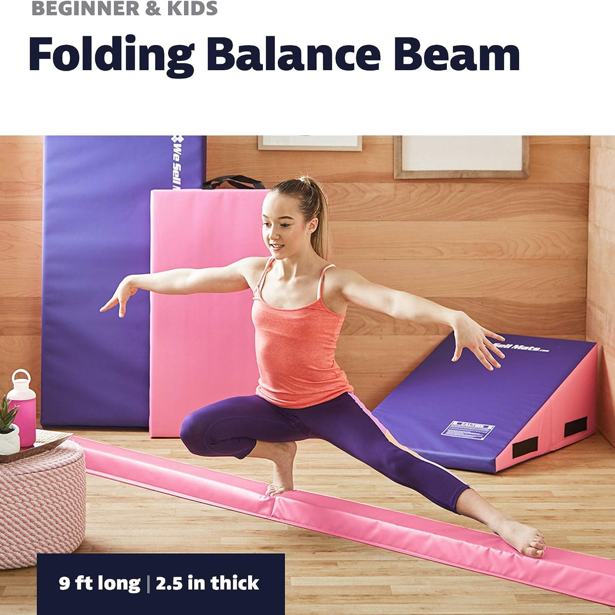 9 ft Folding Foam Balance Beam Bar, Portable Gymnastics Equipment for Gymnast, Children or Cheerleaders