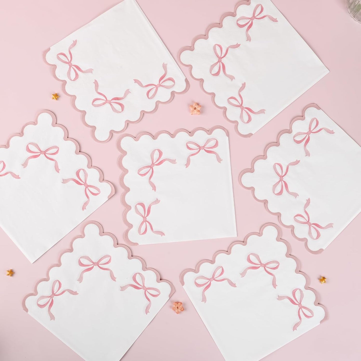 100 Pink Bow Paper Napkins Coquette Cute Disposable Party Napkins 6.5" Scalloped Edge White Pink Hand Towels for Birthday Bridal Bachelorette Party Supplies