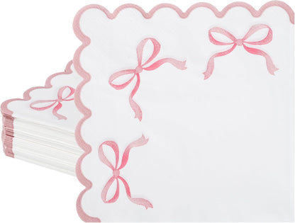 100 Pink Bow Paper Napkins Coquette Cute Disposable Party Napkins 6.5" Scalloped Edge White Pink Hand Towels for Birthday Bridal Bachelorette Party Supplies
