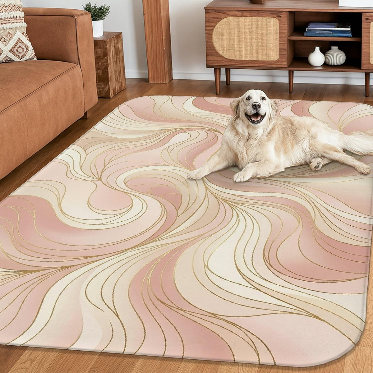 Swirls Area Rug, Modern Abstract Lines Curves None Peach Non-Slip Aesthetic Rectangle Home Floor Carpet Rugs for Living Room Bedroom Kitchen Hallway Decor 4' X 6'