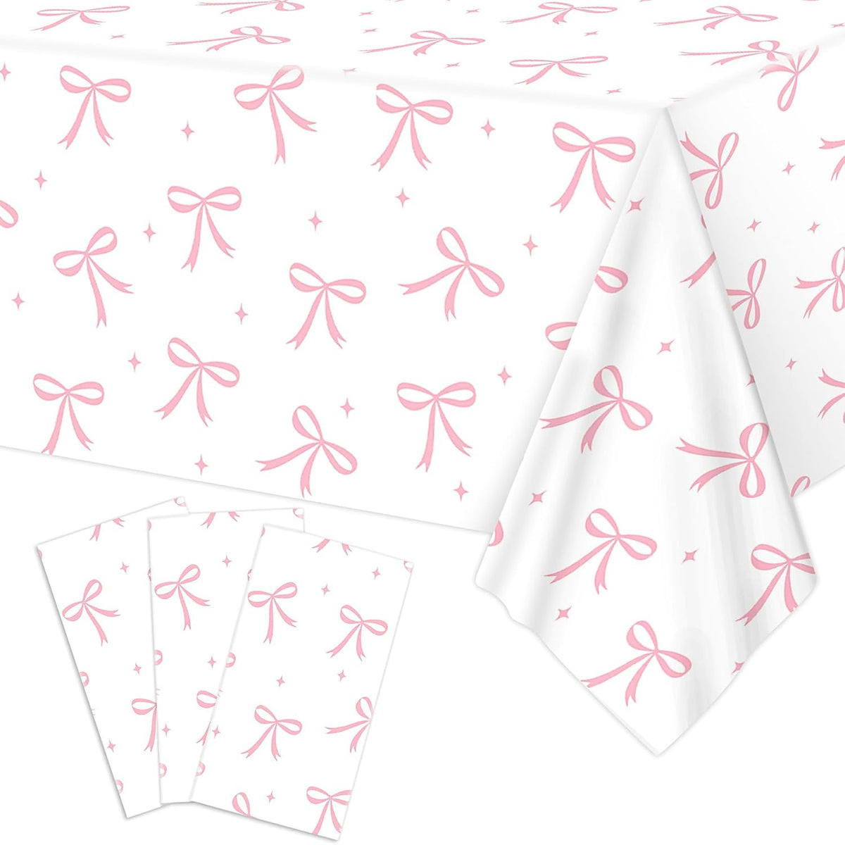 3pcs Coquette Pink Bow Tablecloth, 54 x 108 inch Bow Party Plastic Table Cover, Coquette Birthday Decorations for Bachelorette Bridal Shower, Baby Shower, Girls Birthday Party Supplies