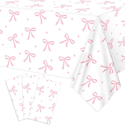 3pcs Coquette Pink Bow Tablecloth, 54 x 108 inch Bow Party Plastic Table Cover, Coquette Birthday Decorations for Bachelorette Bridal Shower, Baby Shower, Girls Birthday Party Supplies