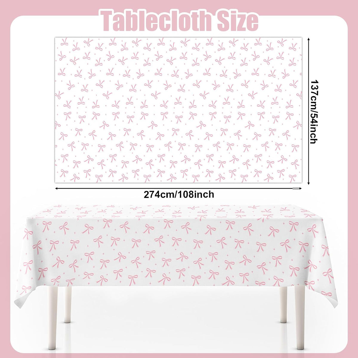 3pcs Coquette Pink Bow Tablecloth, 54 x 108 inch Bow Party Plastic Table Cover, Coquette Birthday Decorations for Bachelorette Bridal Shower, Baby Shower, Girls Birthday Party Supplies