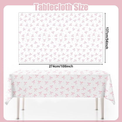 3pcs Coquette Pink Bow Tablecloth, 54 x 108 inch Bow Party Plastic Table Cover, Coquette Birthday Decorations for Bachelorette Bridal Shower, Baby Shower, Girls Birthday Party Supplies