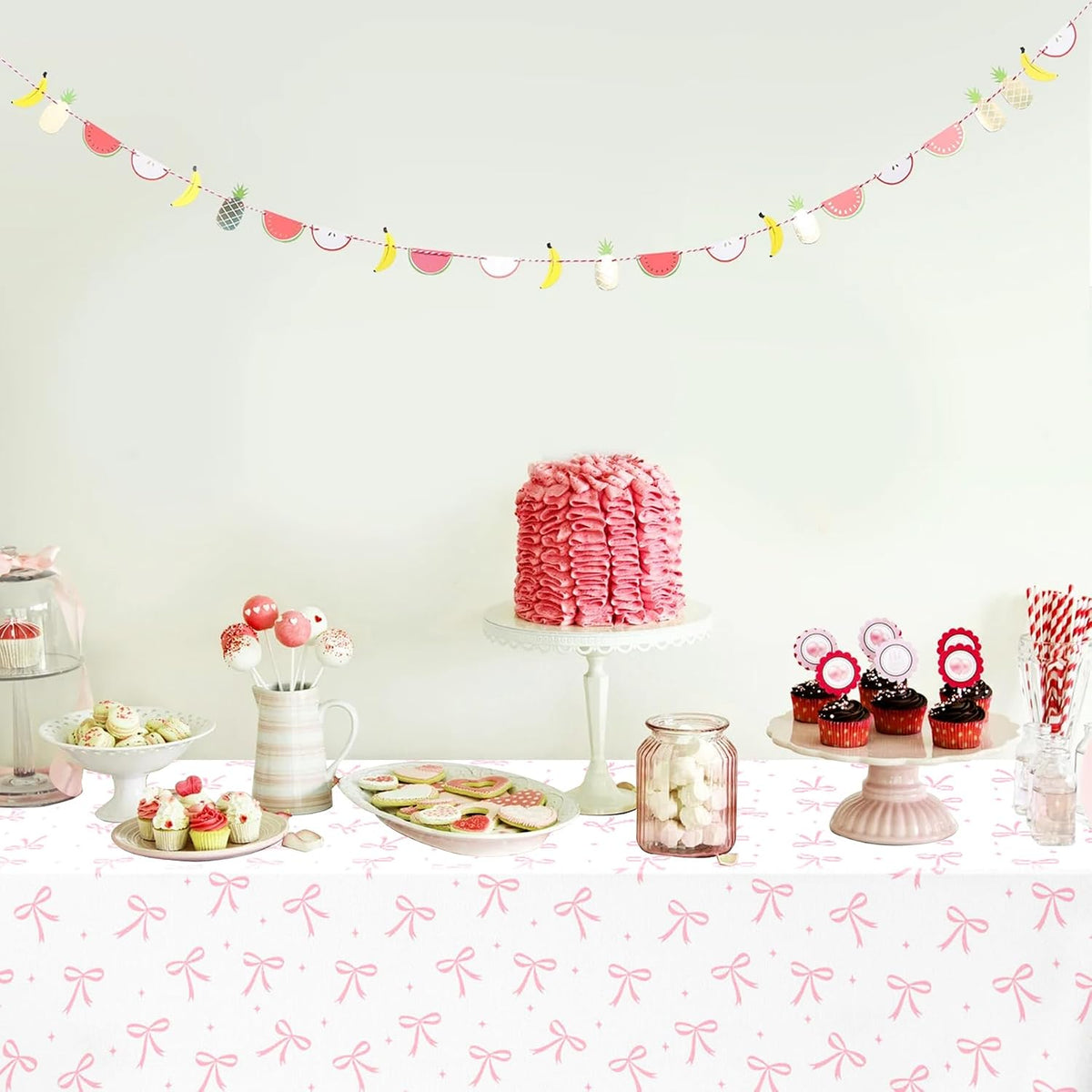 3pcs Coquette Pink Bow Tablecloth, 54 x 108 inch Bow Party Plastic Table Cover, Coquette Birthday Decorations for Bachelorette Bridal Shower, Baby Shower, Girls Birthday Party Supplies