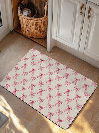 Vintage Pink Bow Bath Stone Mat, Super Absorbent Diatomite Shower Mat, Beige Retro Art Aesthetic Quick Drying Non-Slip Stone Mats for Bathroom Kitchen Counter Easy to Clean 24"x36"