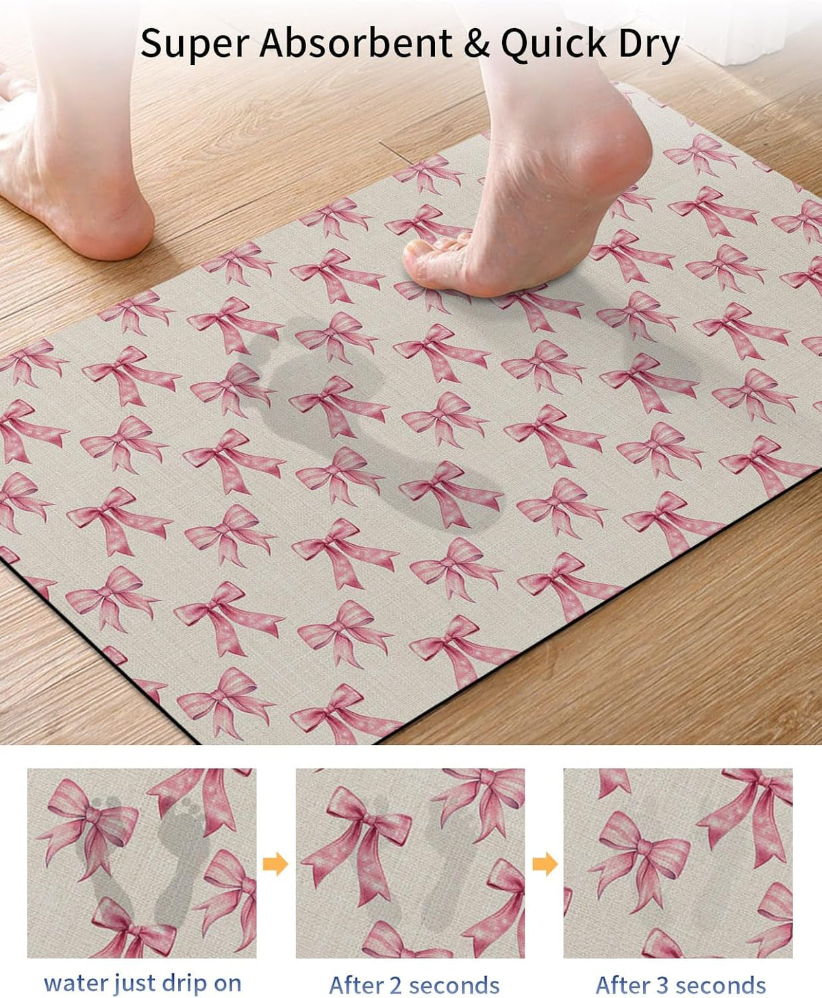 Vintage Pink Bow Bath Stone Mat, Super Absorbent Diatomite Shower Mat, Beige Retro Art Aesthetic Quick Drying Non-Slip Stone Mats for Bathroom Kitchen Counter Easy to Clean 24"x36"