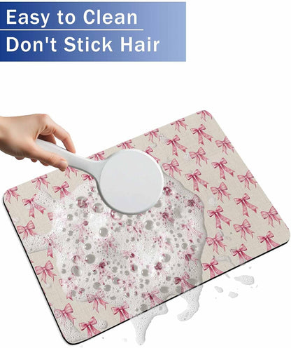 Vintage Pink Bow Bath Stone Mat, Super Absorbent Diatomite Shower Mat, Beige Retro Art Aesthetic Quick Drying Non-Slip Stone Mats for Bathroom Kitchen Counter Easy to Clean 24"x36"