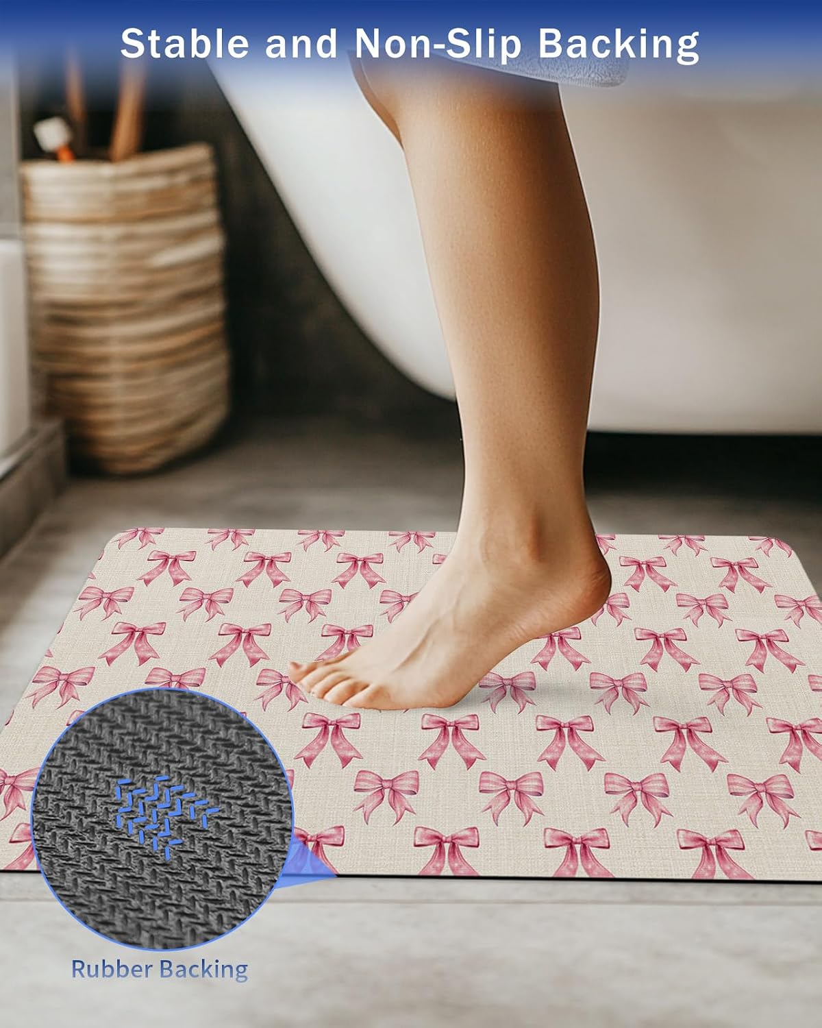 Vintage Pink Bow Bath Stone Mat, Super Absorbent Diatomite Shower Mat, Beige Retro Art Aesthetic Quick Drying Non-Slip Stone Mats for Bathroom Kitchen Counter Easy to Clean 24"x36"