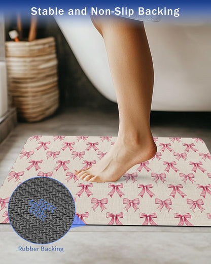 Vintage Pink Bow Bath Stone Mat, Super Absorbent Diatomite Shower Mat, Beige Retro Art Aesthetic Quick Drying Non-Slip Stone Mats for Bathroom Kitchen Counter Easy to Clean 24"x36"