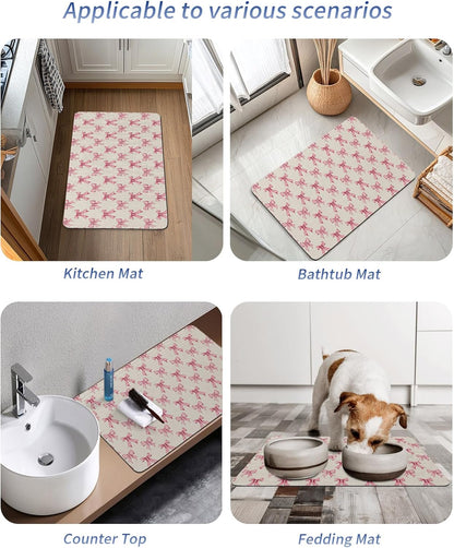 Vintage Pink Bow Bath Stone Mat, Super Absorbent Diatomite Shower Mat, Beige Retro Art Aesthetic Quick Drying Non-Slip Stone Mats for Bathroom Kitchen Counter Easy to Clean 24"x36"