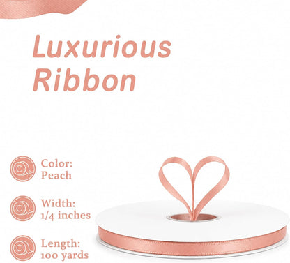 100 Yards Peach Pink Satin Ribbon 1/4 Inch Double Face Ribbon for Gift Wrapping Bouquets Crafts Wedding Decoration