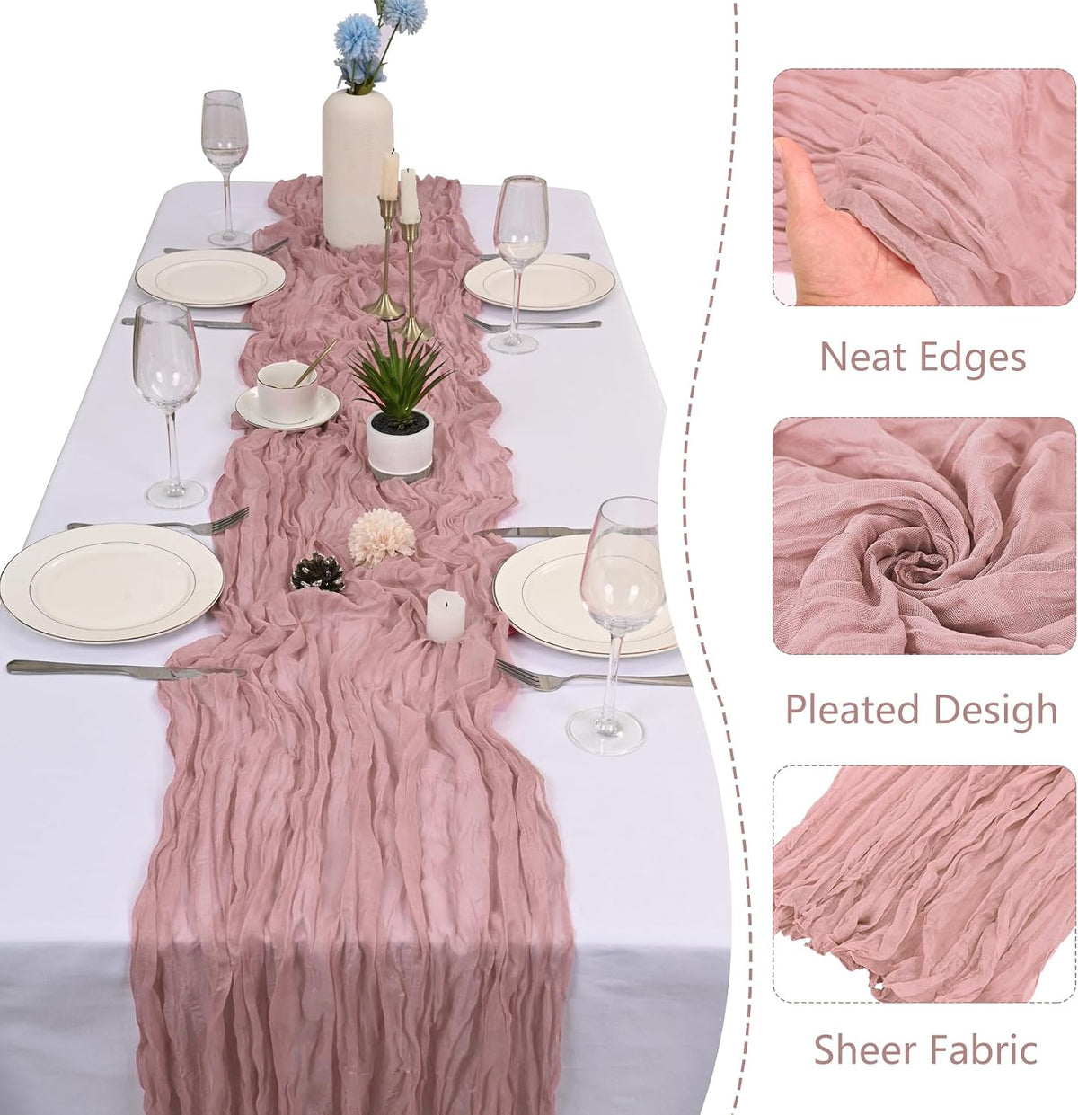 4 Pack Dusty Pink Cheesecloth Table Runner 17x108 Inch Boho Gauze Cheese Cloth Table Runners Romantic Rustic Semi Sheer Table Decor for Wedding Baby Shower Birthday