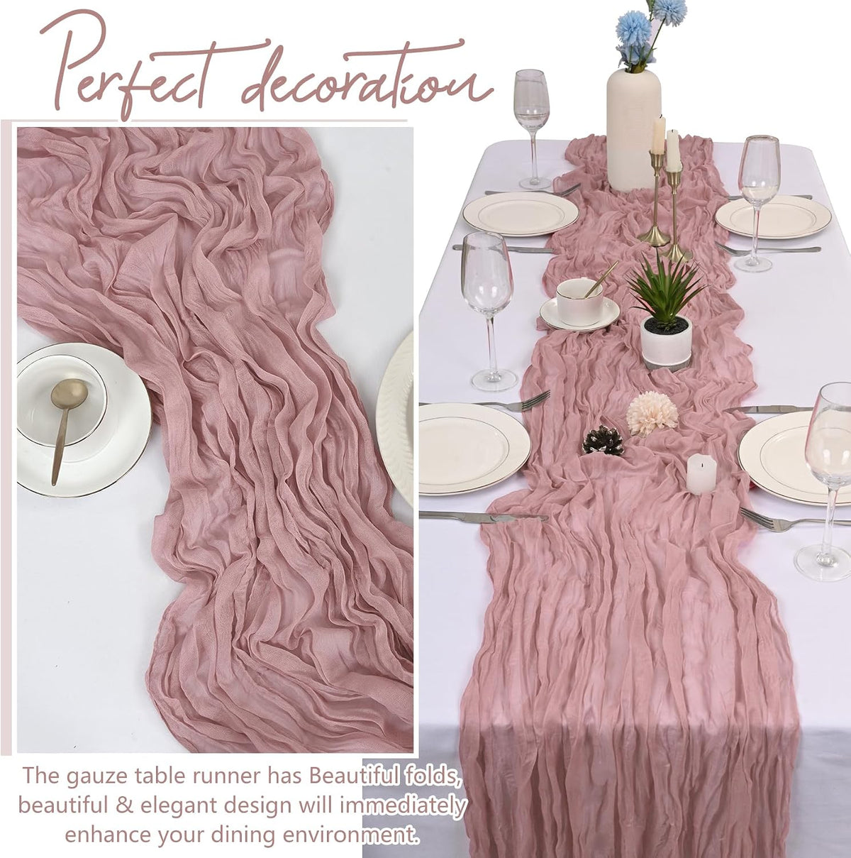 4 Pack Dusty Pink Cheesecloth Table Runner 17x108 Inch Boho Gauze Cheese Cloth Table Runners Romantic Rustic Semi Sheer Table Decor for Wedding Baby Shower Birthday