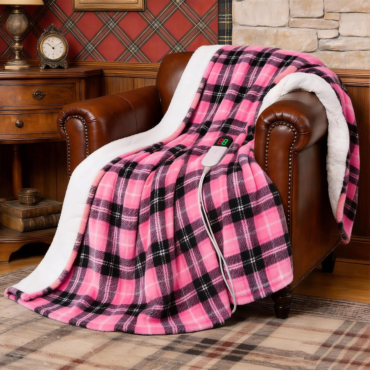 Heated Electric Blanket Twin, Pink Christmas Sherpa Plaid Throw Blanket