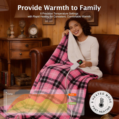 Heated Electric Blanket Twin, Pink Christmas Sherpa Plaid Throw Blanket