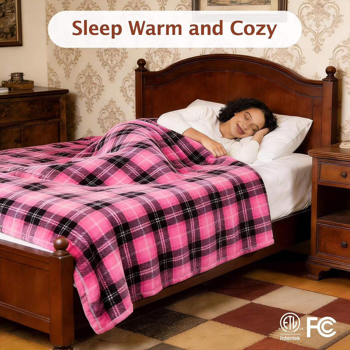 Heated Electric Blanket Twin, Pink Christmas Sherpa Plaid Throw Blanket
