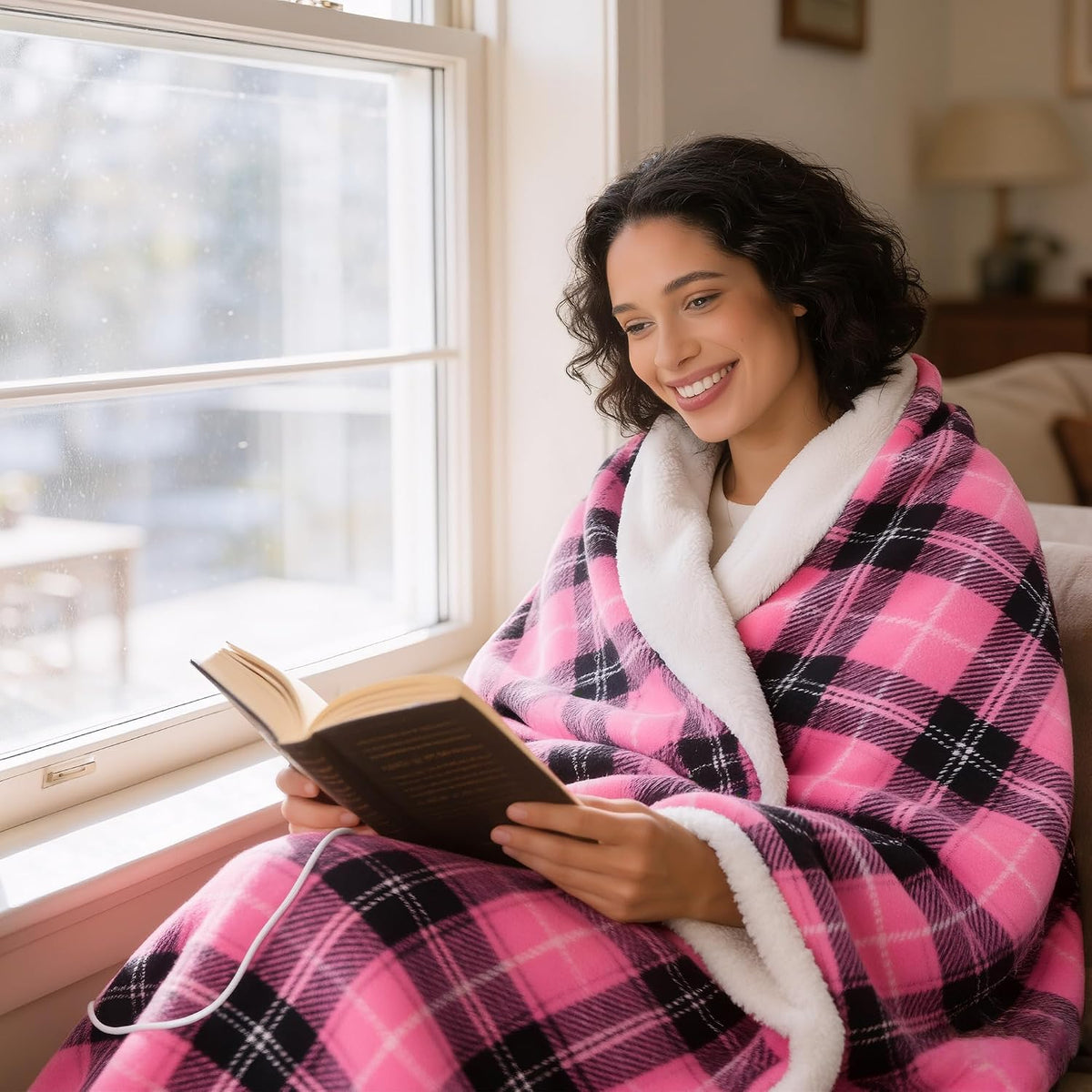 Heated Electric Blanket Twin, Pink Christmas Sherpa Plaid Throw Blanket