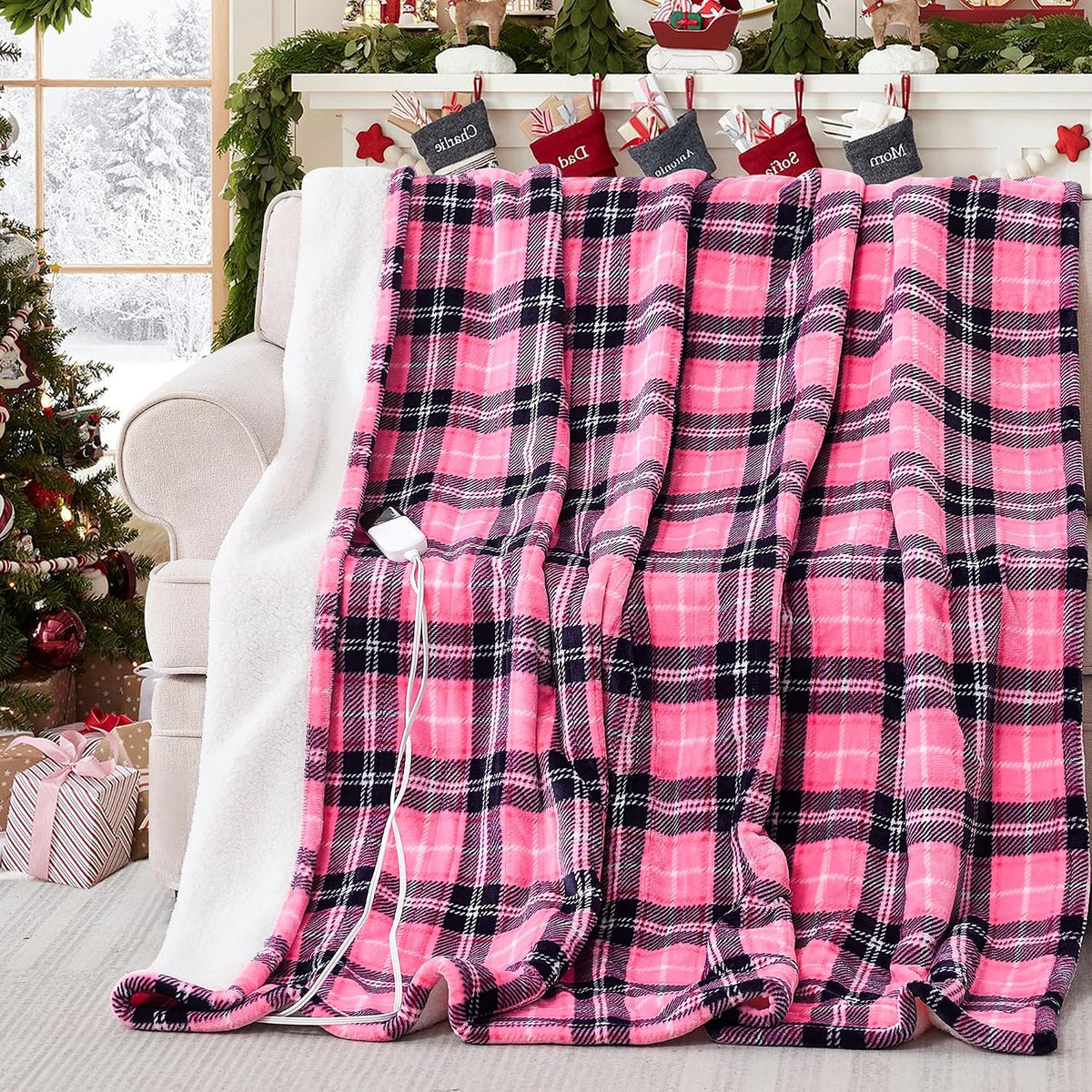 Heated Electric Blanket Twin, Pink Christmas Sherpa Plaid Throw Blanket