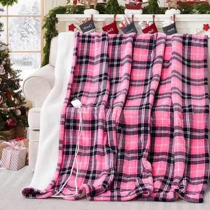 Heated Electric Blanket Twin, Pink Christmas Sherpa Plaid Throw Blanket