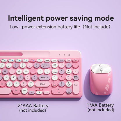 Retro Wireless Keyboard with Round Keycaps, 2.4GHz Full-Size USB Cute Wireless Keyboard Mouse for Computer, Desktop, Laptop and Computer (Pink-Colorful)