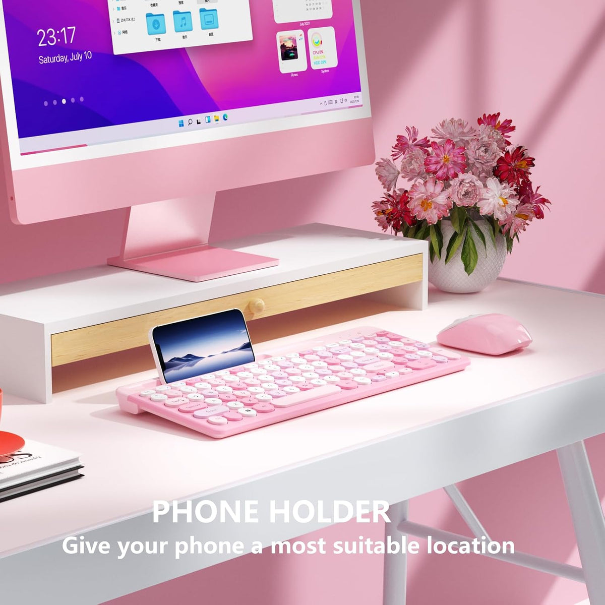 Retro Wireless Keyboard with Round Keycaps, 2.4GHz Full-Size USB Cute Wireless Keyboard Mouse for Computer, Desktop, Laptop and Computer (Pink-Colorful)