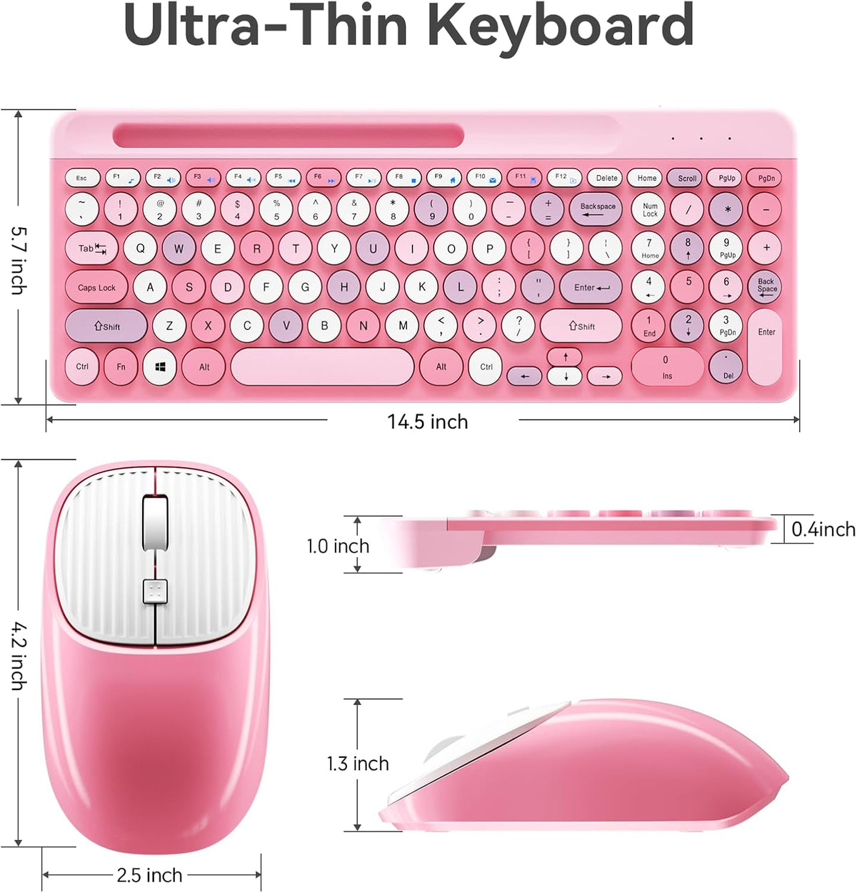 Retro Wireless Keyboard with Round Keycaps, 2.4GHz Full-Size USB Cute Wireless Keyboard Mouse for Computer, Desktop, Laptop and Computer (Pink-Colorful)