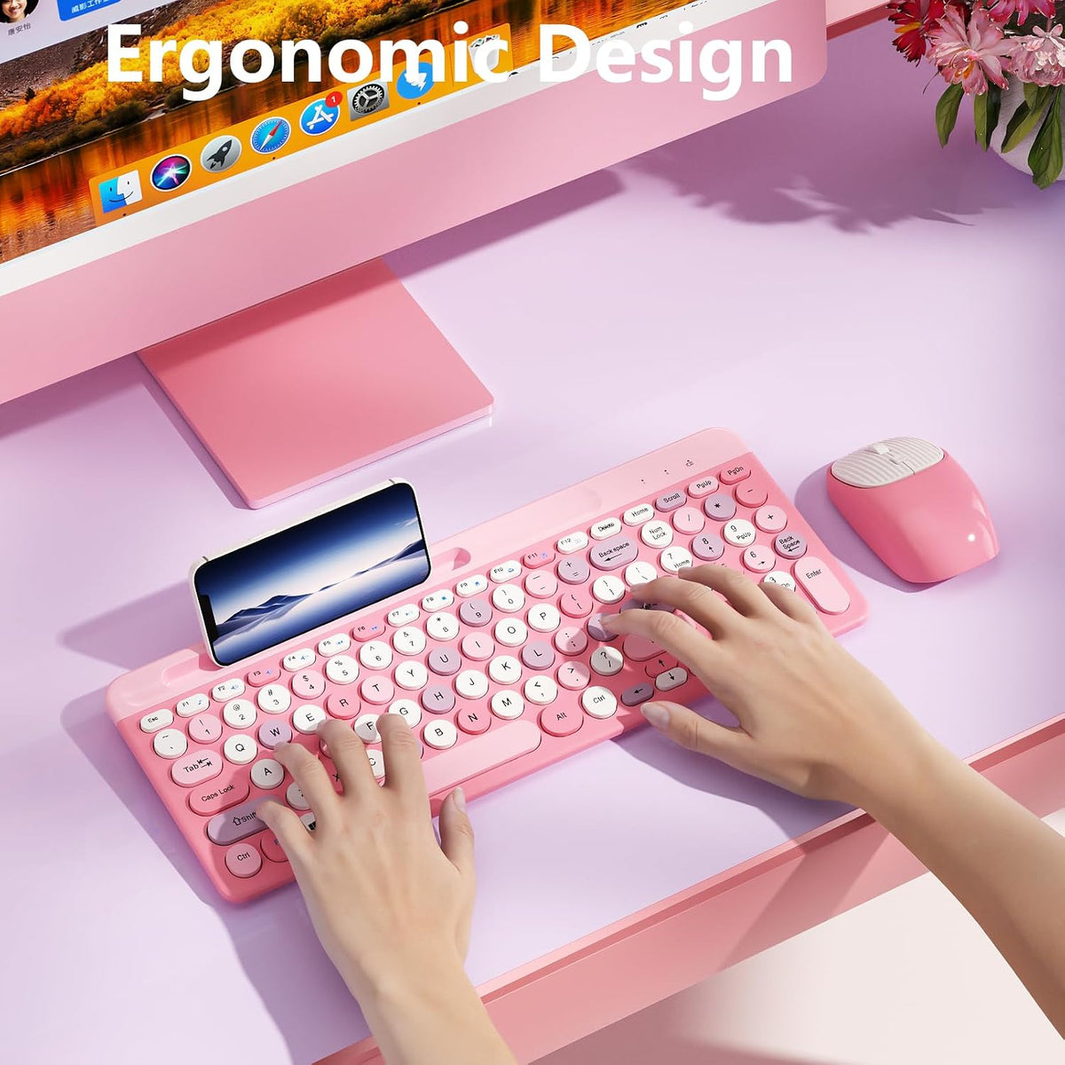 Retro Wireless Keyboard with Round Keycaps, 2.4GHz Full-Size USB Cute Wireless Keyboard Mouse for Computer, Desktop, Laptop and Computer (Pink-Colorful)