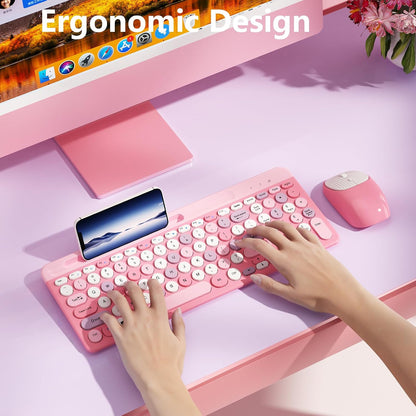Retro Wireless Keyboard with Round Keycaps, 2.4GHz Full-Size USB Cute Wireless Keyboard Mouse for Computer, Desktop, Laptop and Computer (Pink-Colorful)
