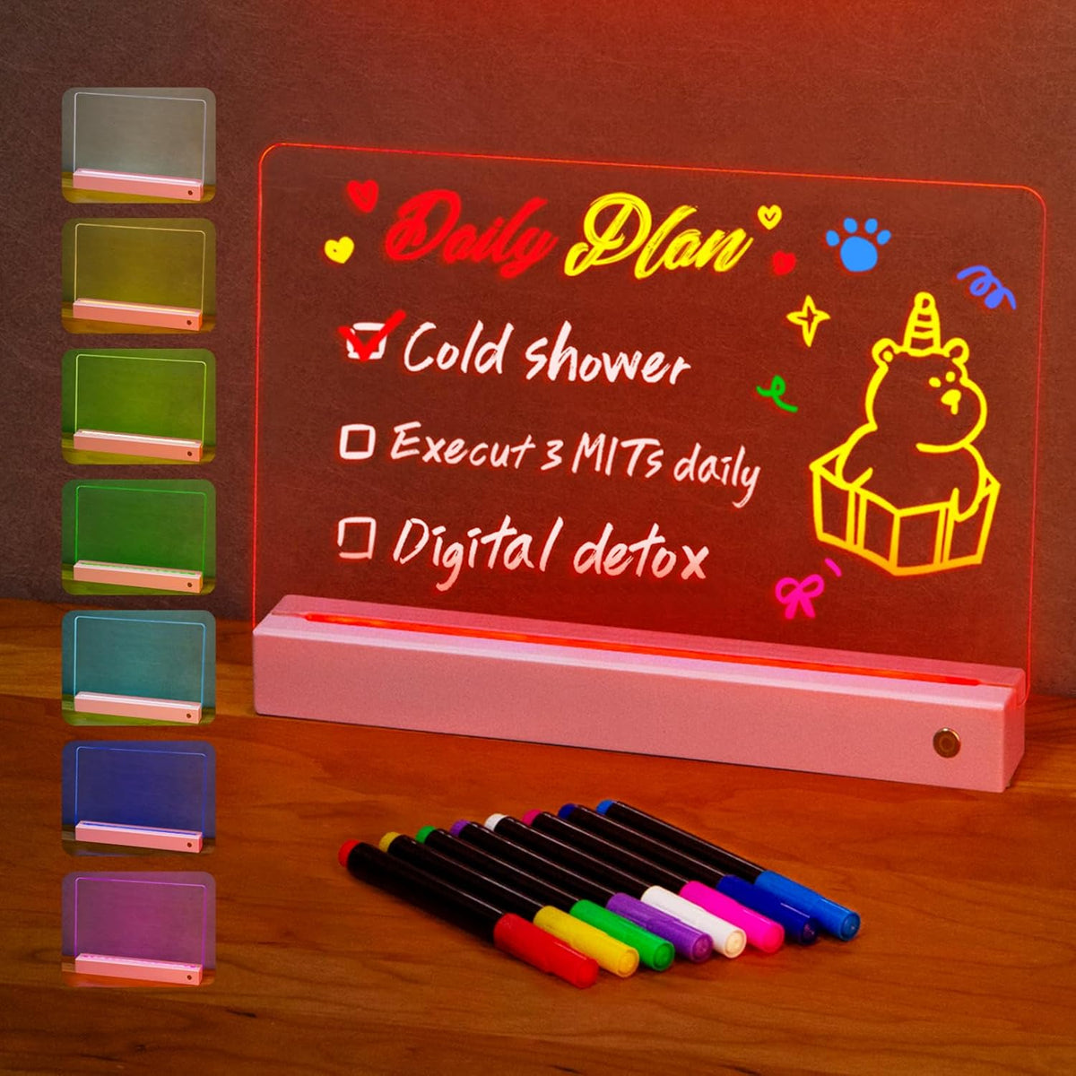 LED Note Board with Colors, Acrylic Dry Erase Board with Light, Clear Monthly/Weekly Calendar, Led Drawing Board for Kids with Stand, Markers, Adapter, Holiday Trend Gift (Pink)