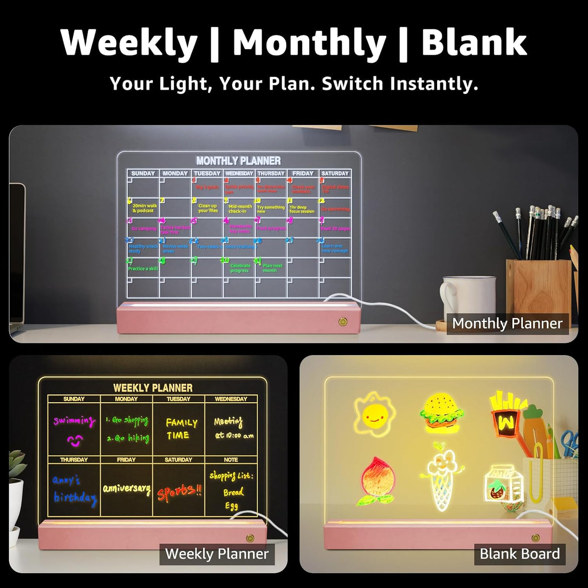 LED Note Board with Colors, Acrylic Dry Erase Board with Light, Clear Monthly/Weekly Calendar, Led Drawing Board for Kids with Stand, Markers, Adapter, Holiday Trend Gift (Pink)