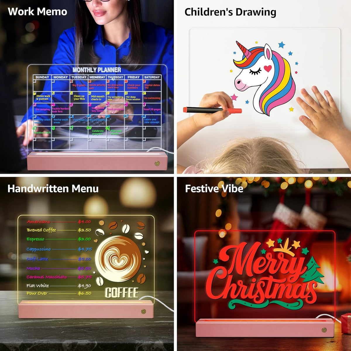 LED Note Board with Colors, Acrylic Dry Erase Board with Light, Clear Monthly/Weekly Calendar, Led Drawing Board for Kids with Stand, Markers, Adapter, Holiday Trend Gift (Pink)