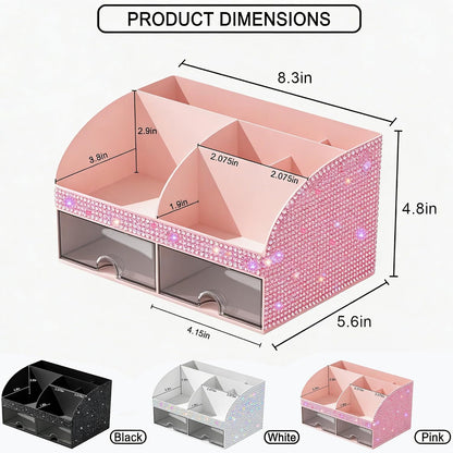 Bling Makeup Organizer with Drawers, Cosmetic Storage for Dresser Vanity and Bathroom Countertop, Beauty Holder for Lipstick Brush, Skincare Organizer for Vanity, Cosmetic Display Case Bling Pink