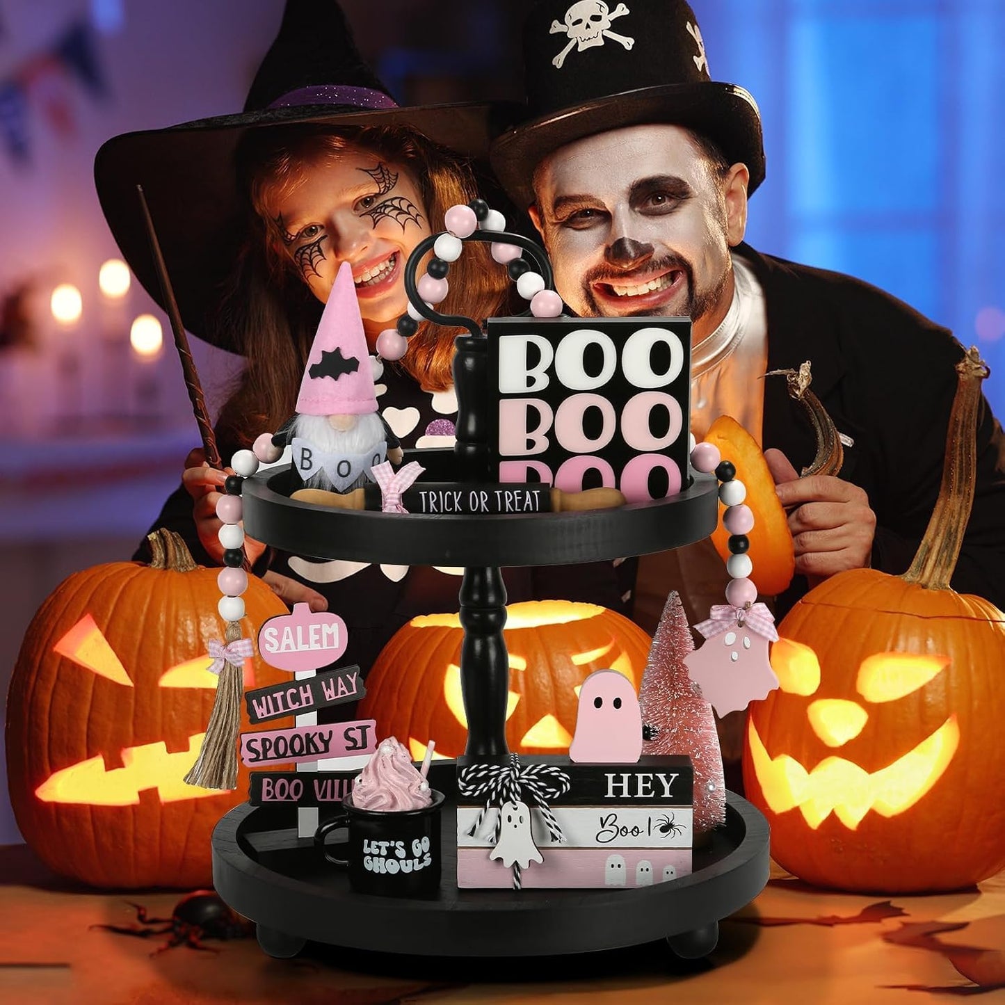 Pink Halloween Decorations 8PCS Tiered Tray Decor for Home Office