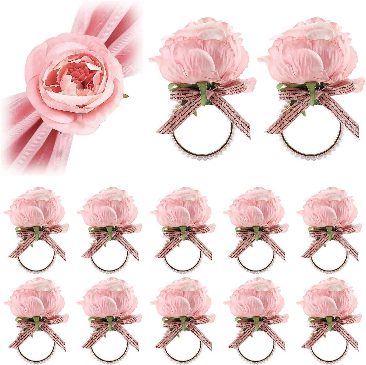 12 Pcs Rose Flower Napkin Rings, Pink Rose Floral Napkin Holders with Pearls Rings for Wedding, Valentine's Day, Luncheons, Birthday Party Dining Table Decor