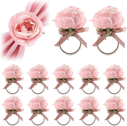 12 Pcs Rose Flower Napkin Rings, Pink Rose Floral Napkin Holders with Pearls Rings for Wedding, Valentine's Day, Luncheons, Birthday Party Dining Table Decor