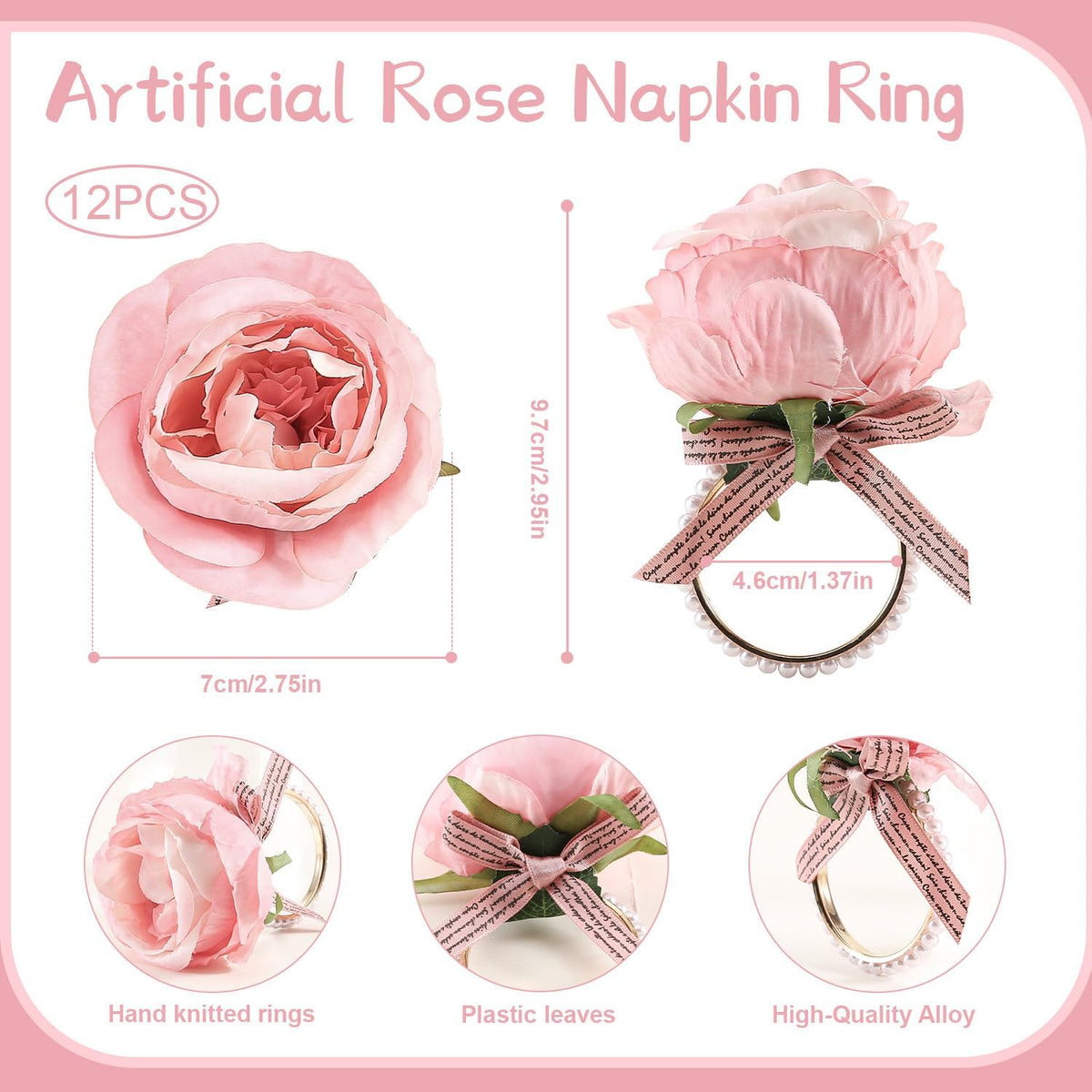 12 Pcs Rose Flower Napkin Rings, Pink Rose Floral Napkin Holders with Pearls Rings for Wedding, Valentine's Day, Luncheons, Birthday Party Dining Table Decor