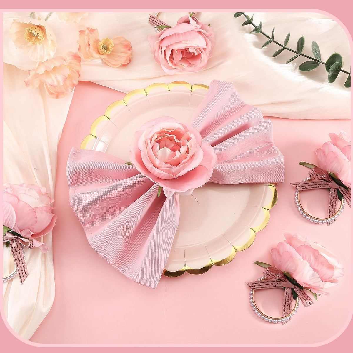 12 Pcs Rose Flower Napkin Rings, Pink Rose Floral Napkin Holders with Pearls Rings for Wedding, Valentine's Day, Luncheons, Birthday Party Dining Table Decor