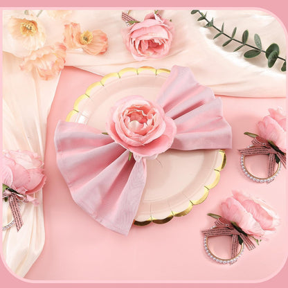 12 Pcs Rose Flower Napkin Rings, Pink Rose Floral Napkin Holders with Pearls Rings for Wedding, Valentine's Day, Luncheons, Birthday Party Dining Table Decor