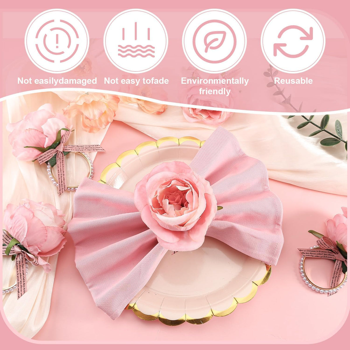 12 Pcs Rose Flower Napkin Rings, Pink Rose Floral Napkin Holders with Pearls Rings for Wedding, Valentine's Day, Luncheons, Birthday Party Dining Table Decor