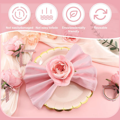 12 Pcs Rose Flower Napkin Rings, Pink Rose Floral Napkin Holders with Pearls Rings for Wedding, Valentine's Day, Luncheons, Birthday Party Dining Table Decor