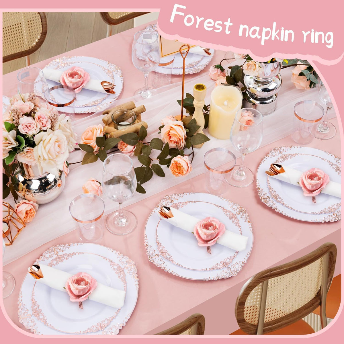 12 Pcs Rose Flower Napkin Rings, Pink Rose Floral Napkin Holders with Pearls Rings for Wedding, Valentine's Day, Luncheons, Birthday Party Dining Table Decor