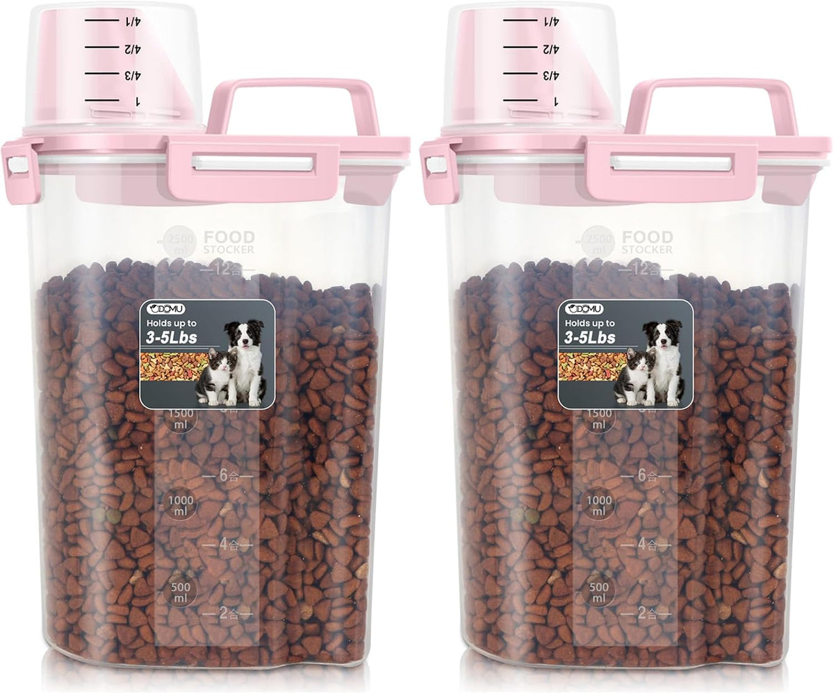 Dog Cat Food Storage Container with Cup (Pink, 2.5L (2 pack))
