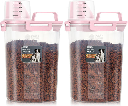 Dog Cat Food Storage Container with Cup (Pink, 2.5L (2 pack))