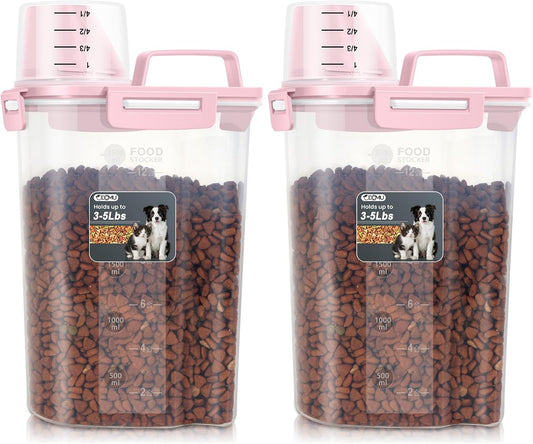 Dog Cat Food Storage Container with Cup (Pink, 2.5L (2 pack))