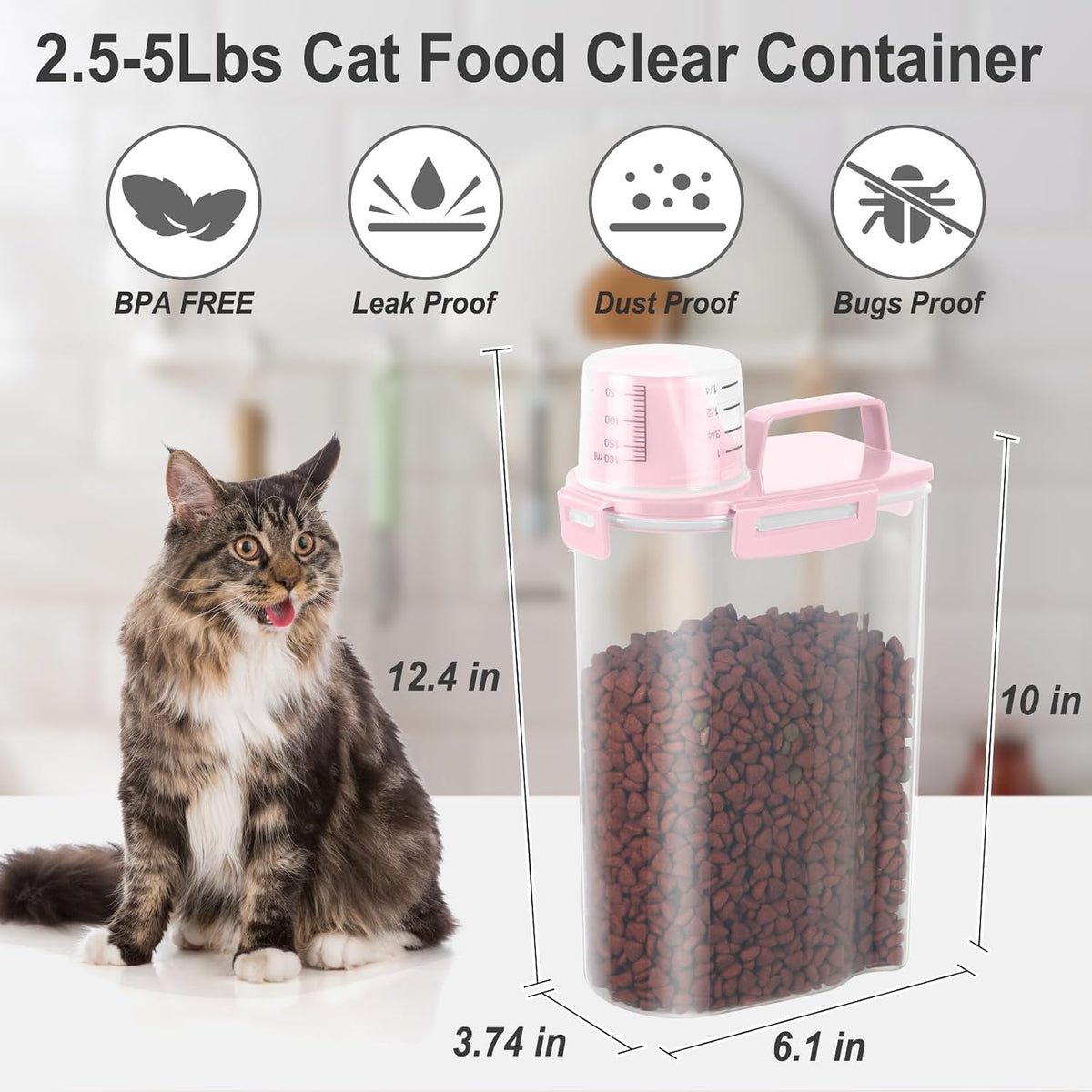 Dog Cat Food Storage Container with Cup (Pink, 2.5L (2 pack))