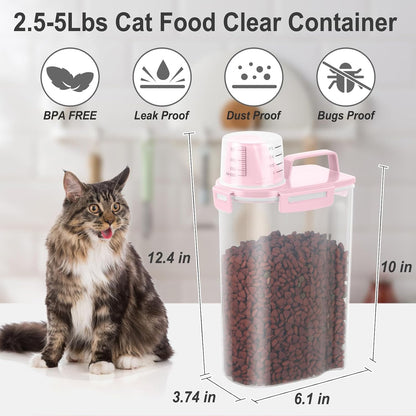 Dog Cat Food Storage Container with Cup (Pink, 2.5L (2 pack))
